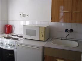 Kuchyně s mikrovlnnou troubou, sporákem a lednicí