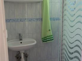 Koupelna se sprchovým koutem, teplá voda, umyvadlo, zrcadlo, dlažba. Moderní splachovací WC v oddělené místnosti. 